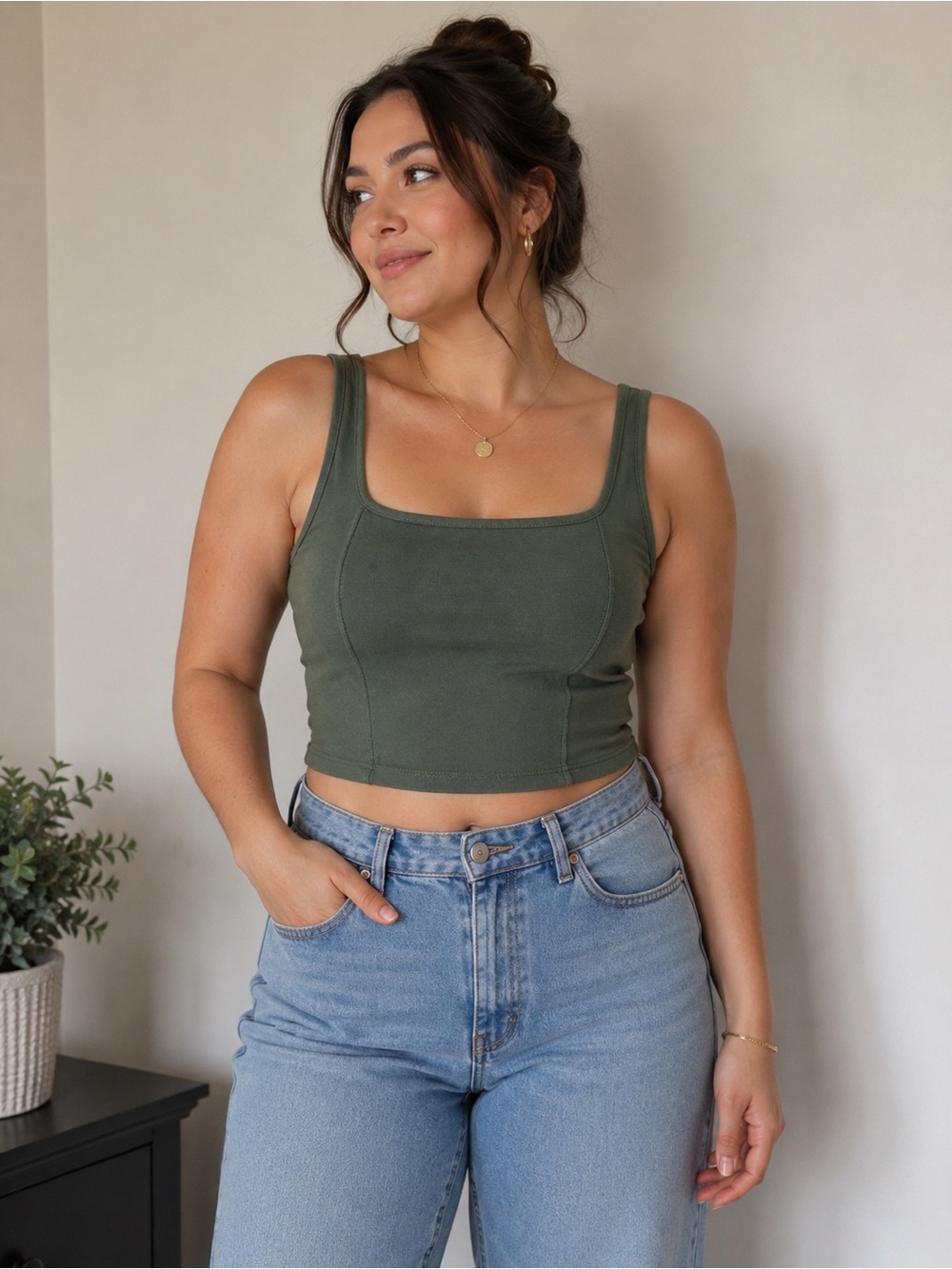 A.C.W. Olive Green Corset Seam Crop Tank Top | Minimalist Y2K Casual
